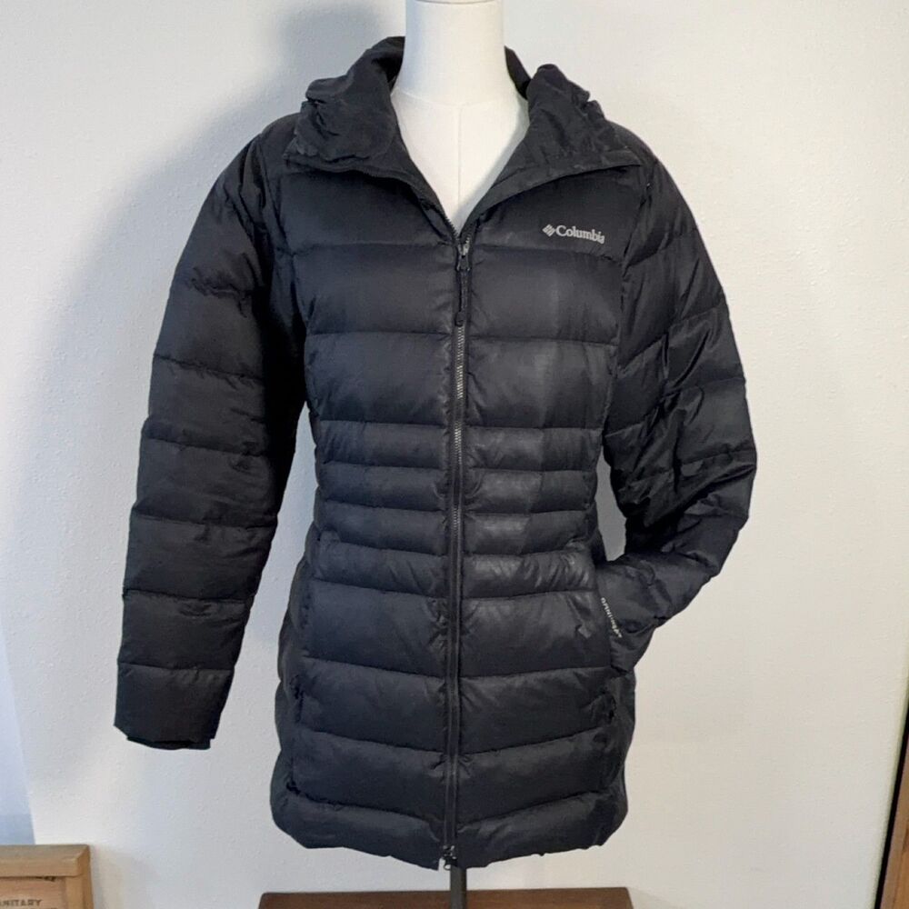 Columbia Omni-Heat Womens Puffer Jacket Black Hooded Down Insulated Full Zip M